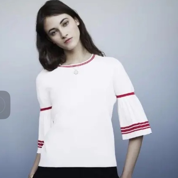 Maje Monica red and white pleated bell sleeve sweater - Picture 2 of 12